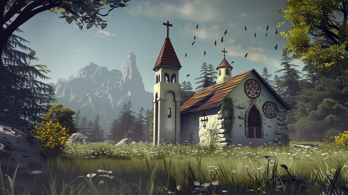 (A simple medieval church ::3 ), 5 meters high, (people ::-0.75 ), (forrest to the right and mountains to the left ::0.3 ), Dos Adventure Game, Low Definition, Low Quality Art, Dithering ::1 --ar 16:9 --stylize 50 --iw 0.5