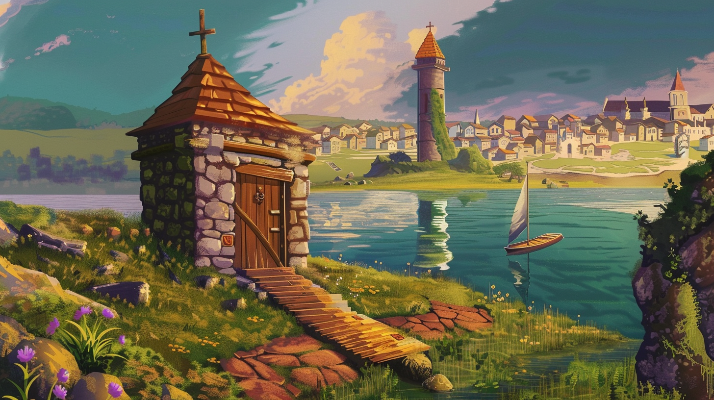 A small peninsula with a christian guardpost with an alarm-bell at the top, in good clean condition, clean gras around, a boat dock in the background and a city far in the horizon, (medieval ::1 ), (people ::-0.75 ), (shallow water ::0.3 ), Dos Adventure Game, Low Definition, Low Quality Art, Dithering ::1 --ar 16:9