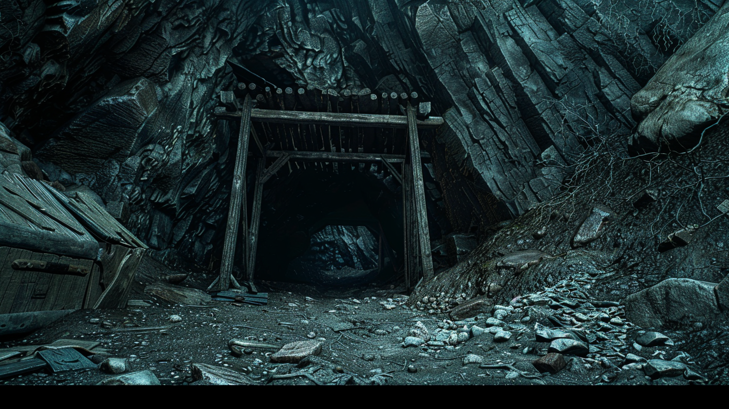 In the foreground of the image, you see the entrance to a tunnel, its mouth wide and dark, beckoning the viewer to explore its depths. The tunnel is made of rough-hewn stone, its edges jagged and uneven, hinting at the ruggedness of the environment it leads into. The entrance is framed by sturdy wooden supports, weathered and worn from years of use. Beyond the tunnel entrance, the outline of a network of tunnels is visible, disappearing into the depths of the earth. Though the details are obscured by shadows and distance, the viewer can sense the vastness of the underground maze awaiting exploration. To the left of the tunnel entrance, a cluster of small huts can be seen. These huts serve as a base of operations for the miners, providing shelter, storage for supplies, and a place to rest between shifts. The huts are simple structures, constructed from wood and metal, their surfaces marked with the scars of harsh weather and heavy use. Despite their humble appearance, they stand as a testament to the resilience and resourcefulness of those who toil in the mines below, Dos Adventure Game, Low Definition, Low Quality Art, Dithering --ar 16:9